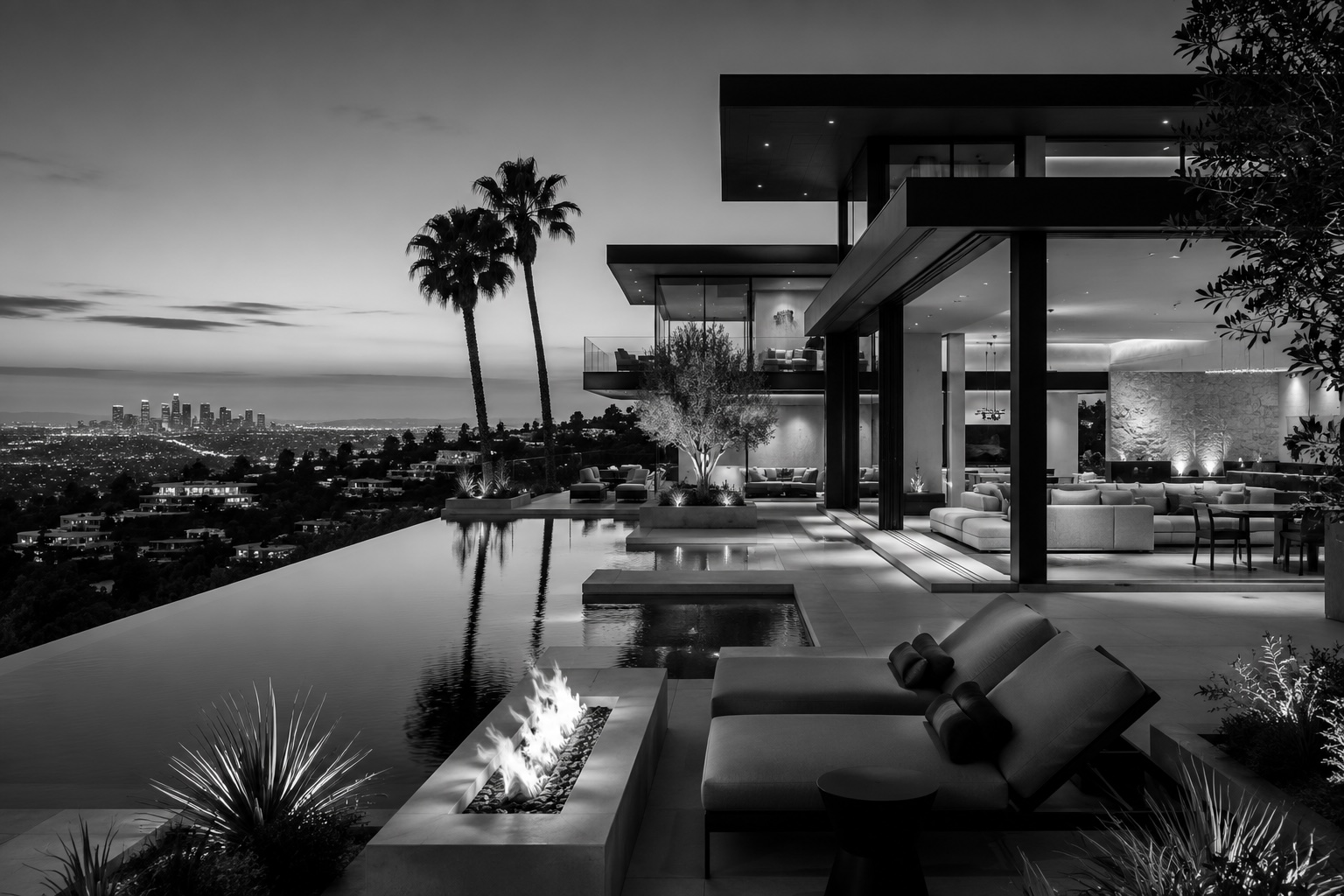 Luxury residence overlooking the city at dusk